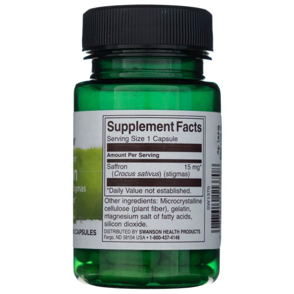 Rückseite der SWANSON Safran 15mg Flasche mit Nährwertangaben und Inhaltsstoffen.