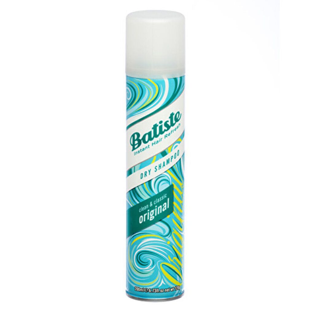 Zylindrische Dose mit weißem Deckel. Aufschrift: Batiste Dry Shampoo, Original. Türkis-gelbes Muster. Text in mehreren Sprachen.