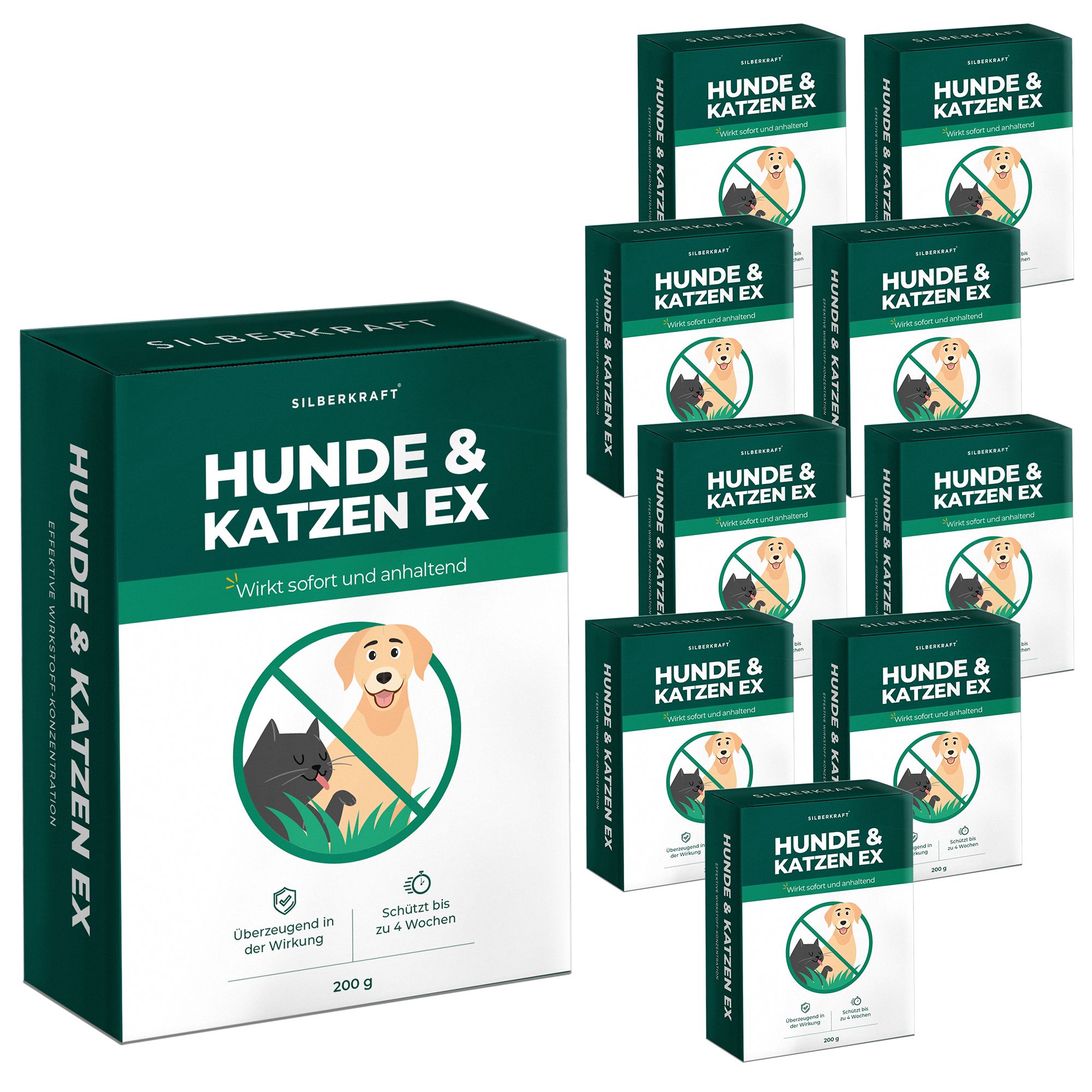SILBERKRAFT Hunde & Katzen EX. Grün-weiße Verpackung mit Produktlogo und Text. Mehrere Packungen gestapelt.