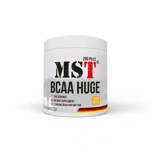 Weißer Supplement-Behälter mit roter und schwarzer Aufschrift MST BCAA Huge. 200 Pillen. Mit deutscher Flagge.