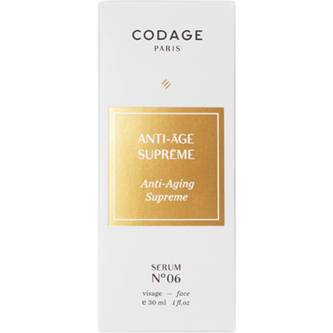 Verpackung von Codage Anti-Âge Supreme Serum N°06. Weiß, goldfarbene Schrift, Produktname und Details.