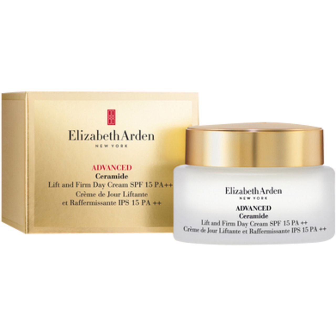 Creme-Glas und Schachtel. Aufschrift: Elizabeth Arden, Advanced Ceramide, Lift and Firm Day Cream SPF 15 PA ++. Goldene Verpackung.