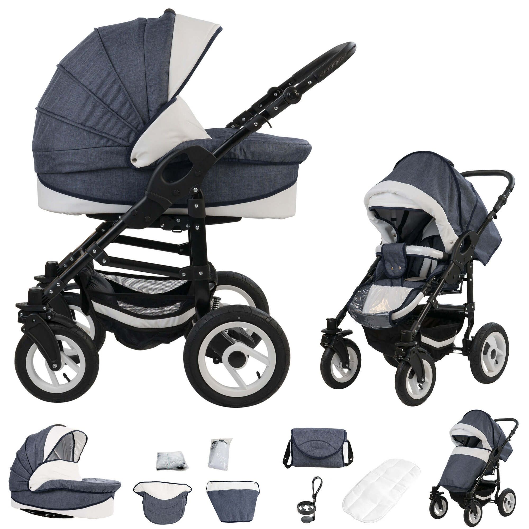 Kombikinderwagen, blau-weiß, mit Luftreifen. Enthält Tragetasche, Tasche, Zubehör. Mehrere Ansichten.