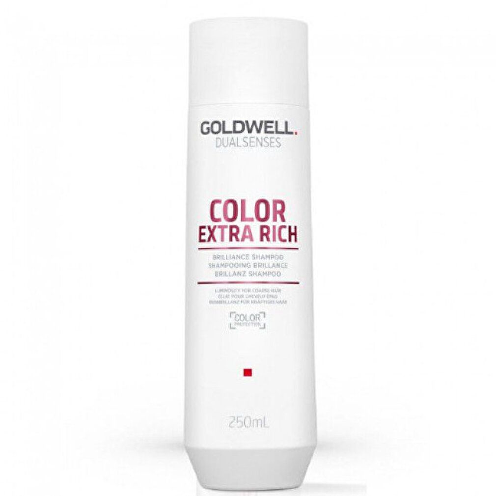 Zylindrische weiße Flasche. Aufschrift: GOLDWELL DUALSENSES COLOR EXTRA RICH. 250ml. Für coloriertes Haar.