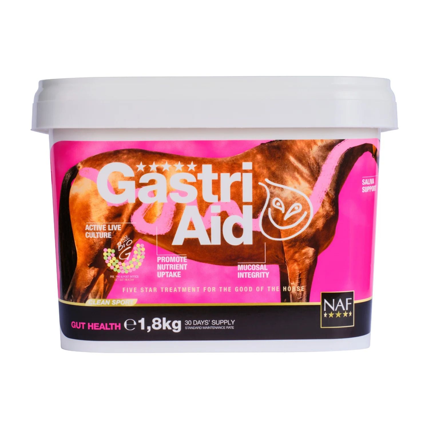 Weißer Eimer mit pinkfarbener Aufschrift Gastri Aid. Abbildung eines Pferdes. Text: Gut Health, 1,8 kg, 30 Tage Vorrat. Marke NAF.