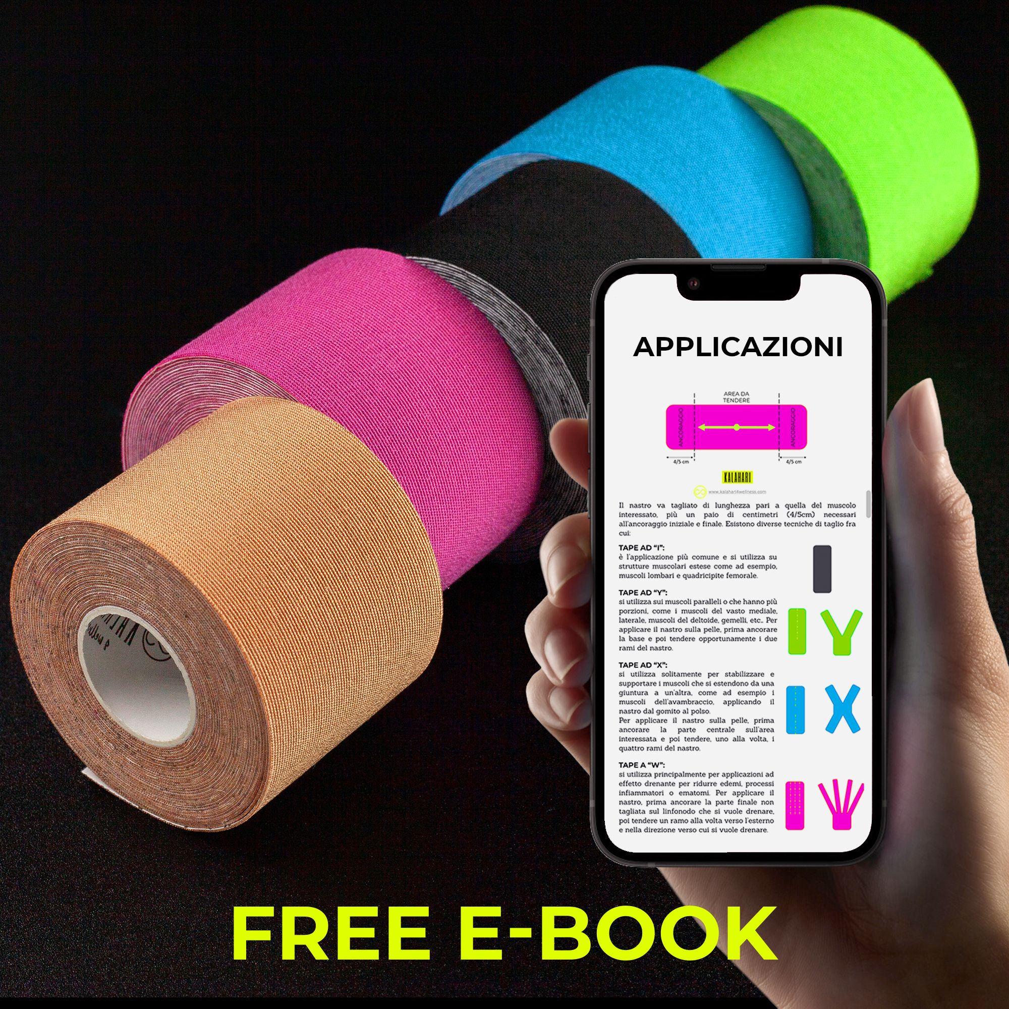 Kinesio-Tape Rollen in verschiedenen Farben, mit kostenlosem eBook.