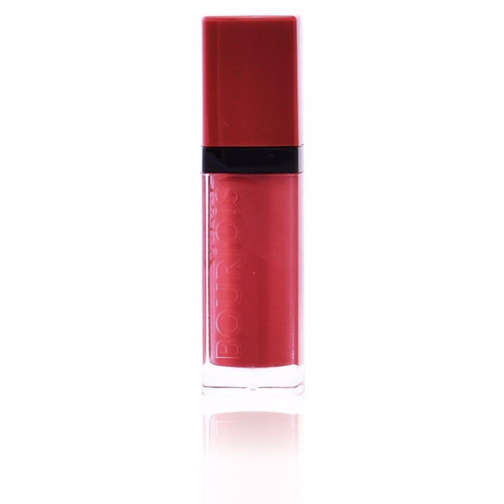 Lippenstift in rechteckiger, transparenter Hülle mit rotem Deckel. Aufschrift Bourjois. Produktansicht.