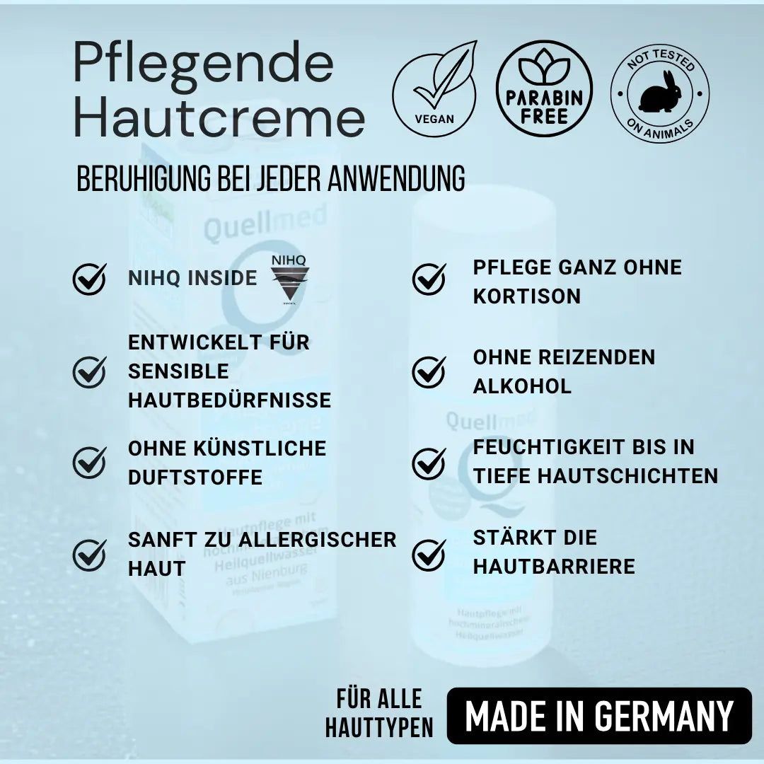 Text mit Stichpunkten. Vegan, ohne Tierversuche, ohne künstliche Duftstoffe, für sensible Haut, ohne Alkohol.