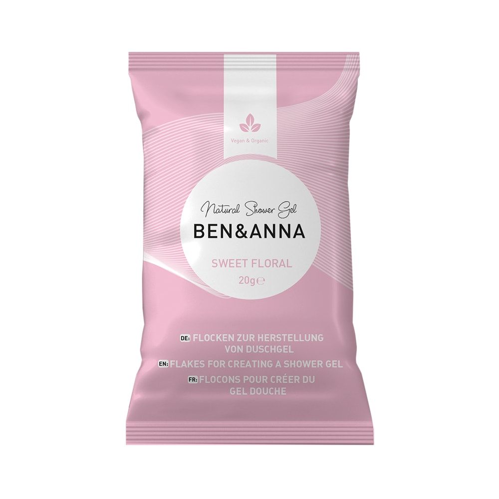 Busta rosa con scritta "Ben & Anna" e "Sweet Floral". Contiene scaglie per creare gel doccia. Vegan & Organic.