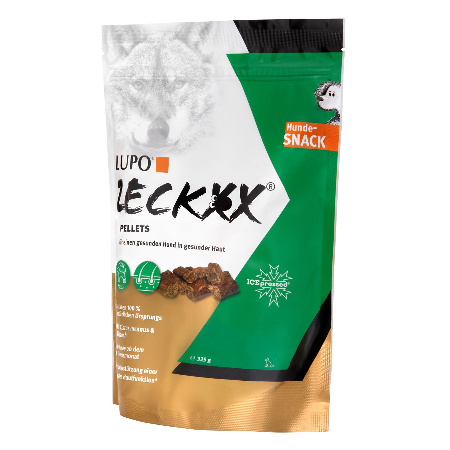 Beutel Hundesnacks LUPO ZECKXX PELLETS. Grün-goldene Verpackung mit Hund und Wolf. 325g. ICE-pressed Siegel.