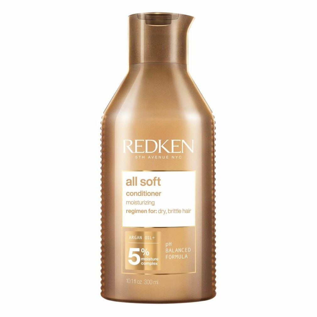 Braune Flasche Redken All Soft Conditioner. Aufschrift: All Soft, Conditioner, pH Balanced Formula. Flasche mit Ausgießer.