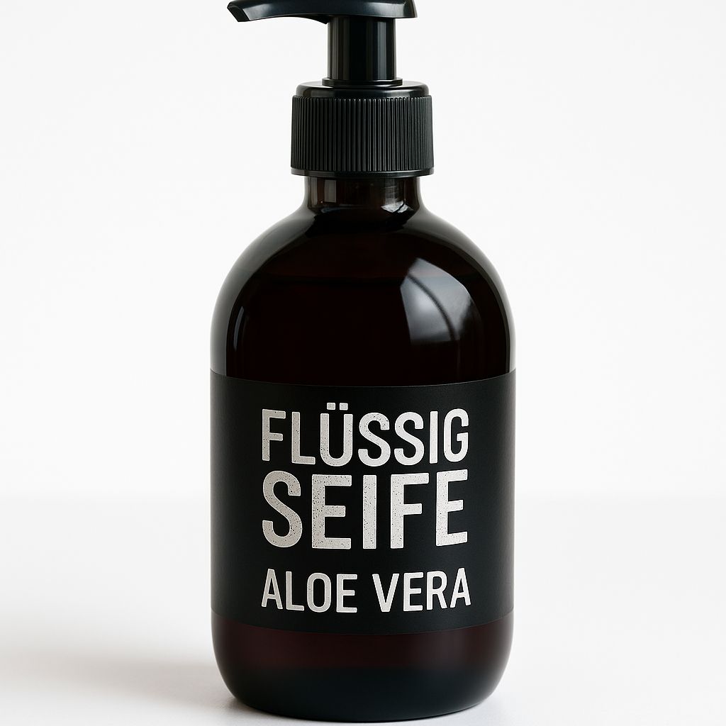 Braune Flasche mit schwarzem Pumpkopf. Aufkleber mit "FLÜSSIG SEIFE ALOE VERA" in weißer Schrift.