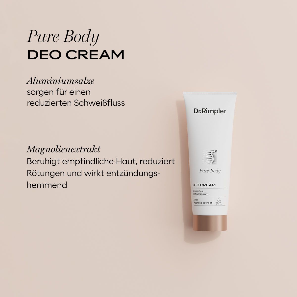 Weiße Tube mit Dr. Rimpler Pure Body Deo Cream Aufschrift und stilisierter Silhouette.