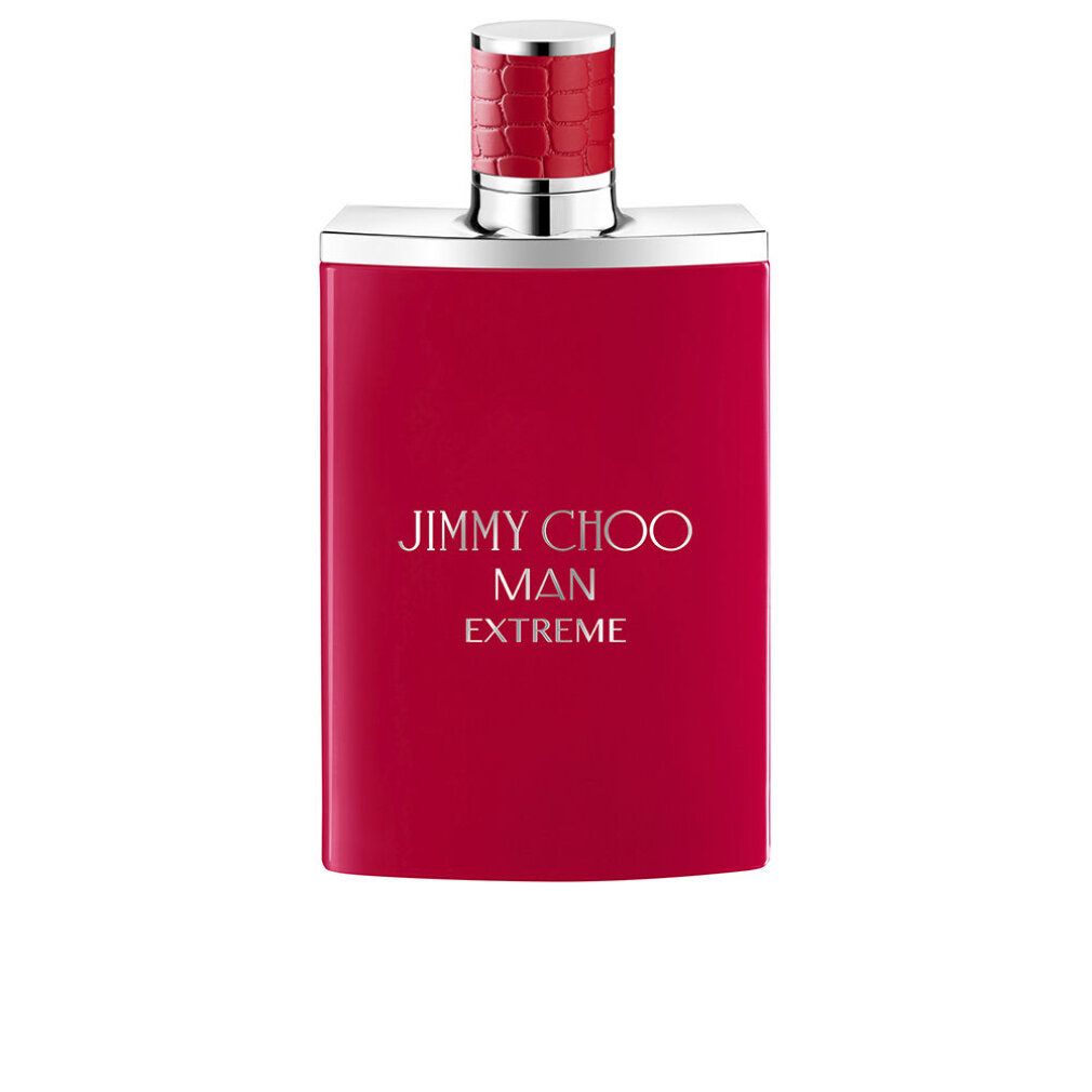 Rotes Parfümflakon mit silbernem Verschluss. Aufschrift: JIMMY CHOO MAN EXTREME. Quadratische Form.