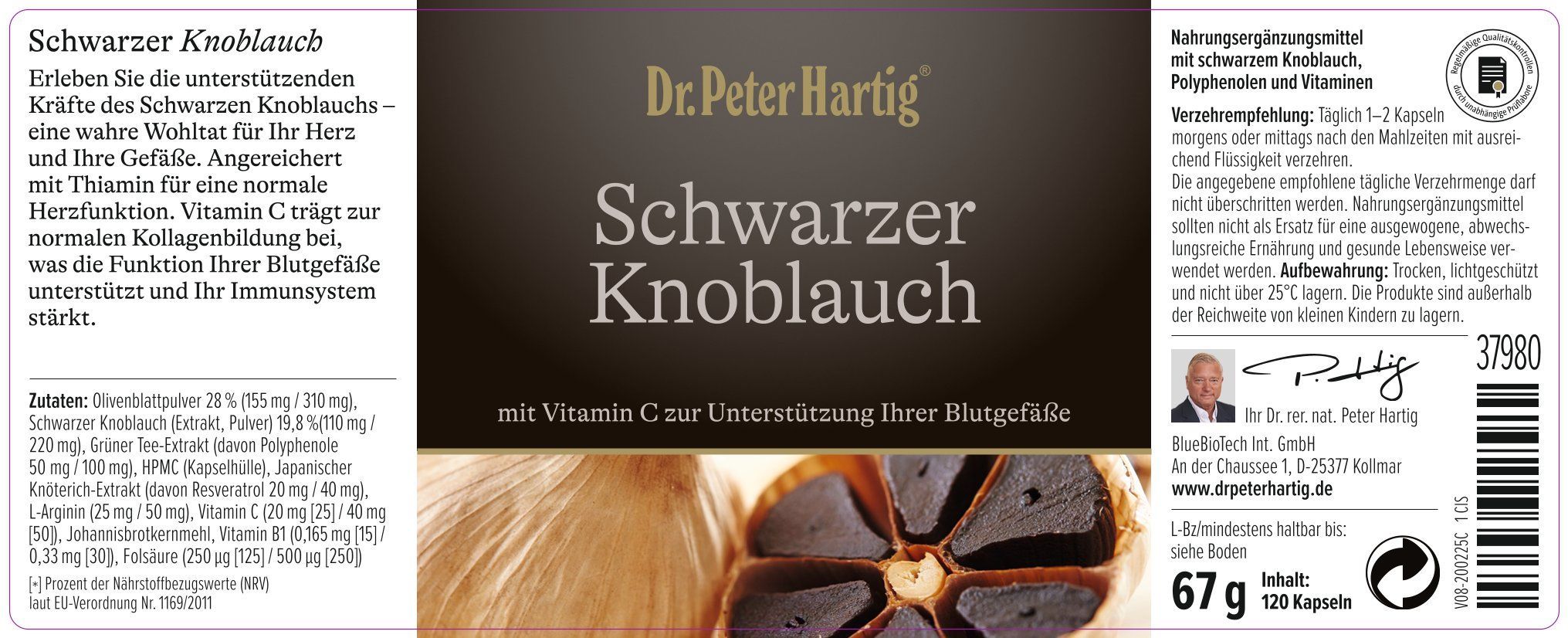 Etikett mit Produktinformationen: Dr. Peter Hartig Schwarzer Knoblauch. Abbildung von Knoblauch. Inhaltsstoffe und Nährwerte.