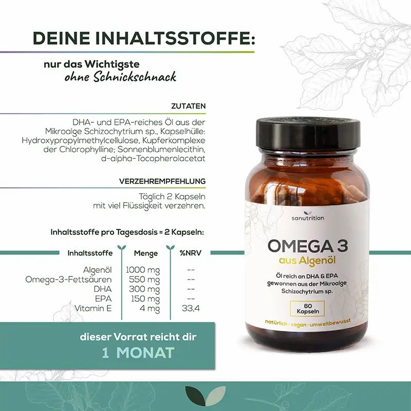 Zutaten und Nährwerttabelle für Sanutrition Omega-3 aus Algenöl, 60 Kapseln.