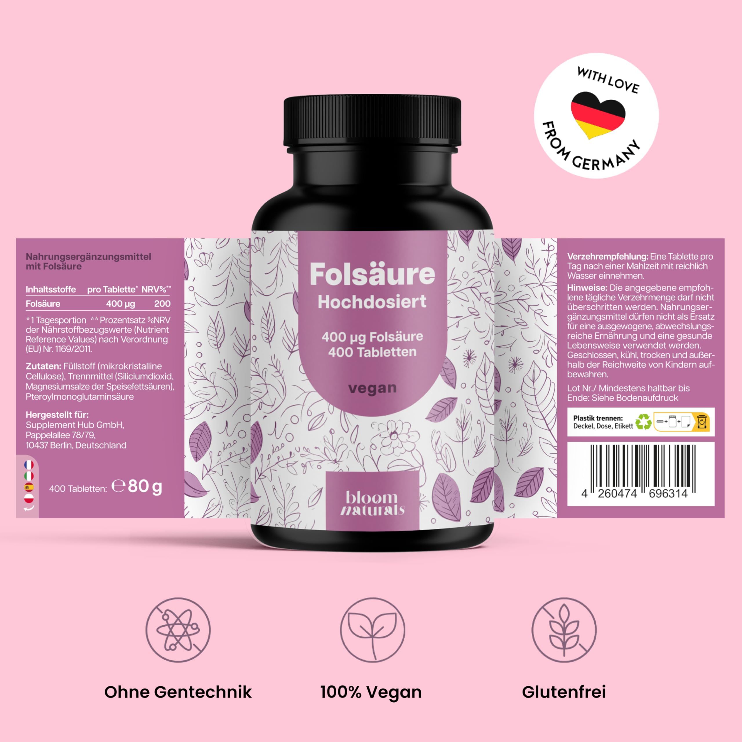 Flasche Folsäure Hochdosiert 400 µg, 400 Tabletten, vegan. Hergestellt in Deutschland.