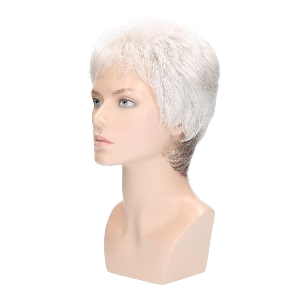 Perücke Vicky von Lofty in Naturweiß, Nacken dunkler, auf Büste. Seitenansicht.