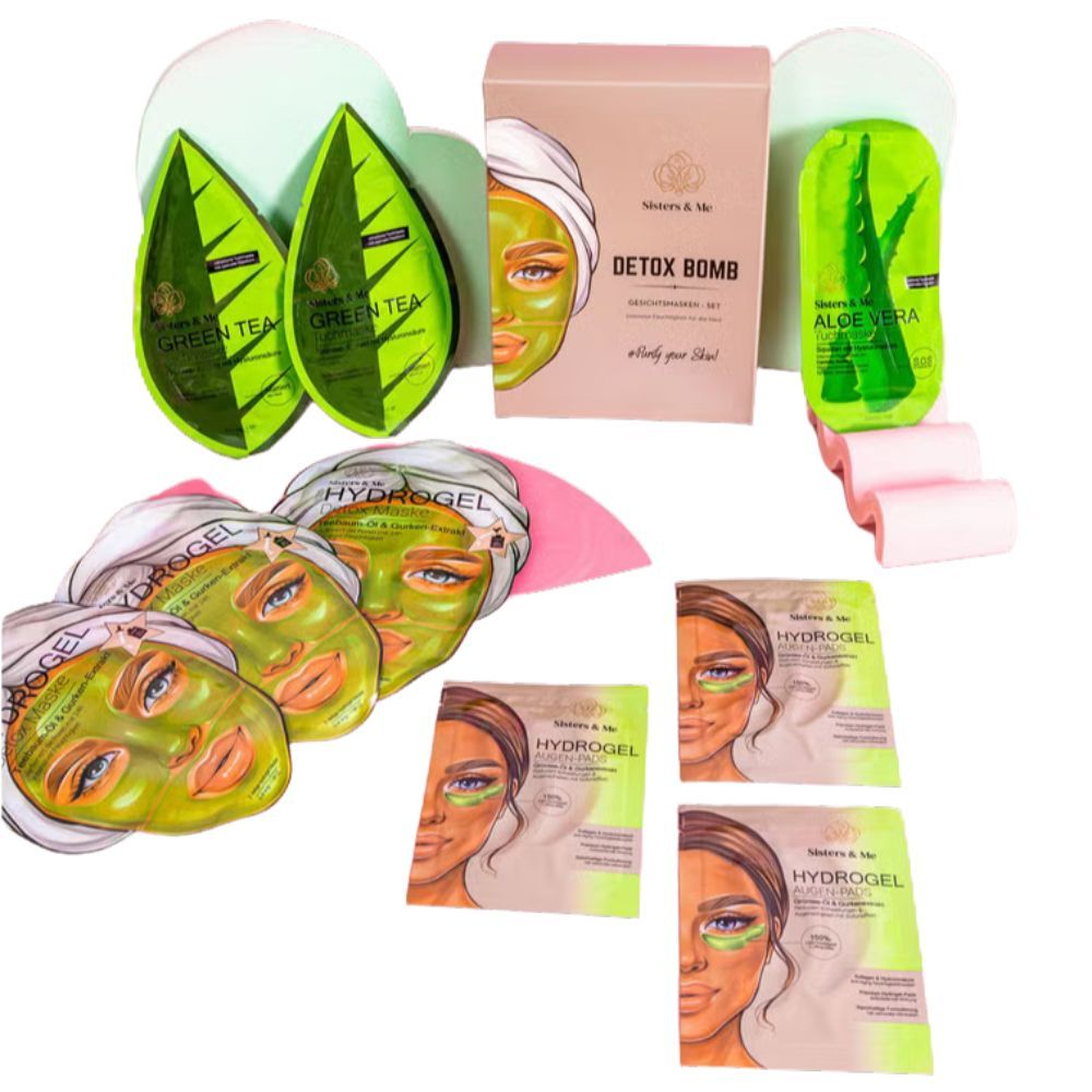 Verschiedene Gesichtsmasken und Augenpads. Einzelverpackungen mit Aufdrucken. Grüntee- und Aloe Vera-Masken.