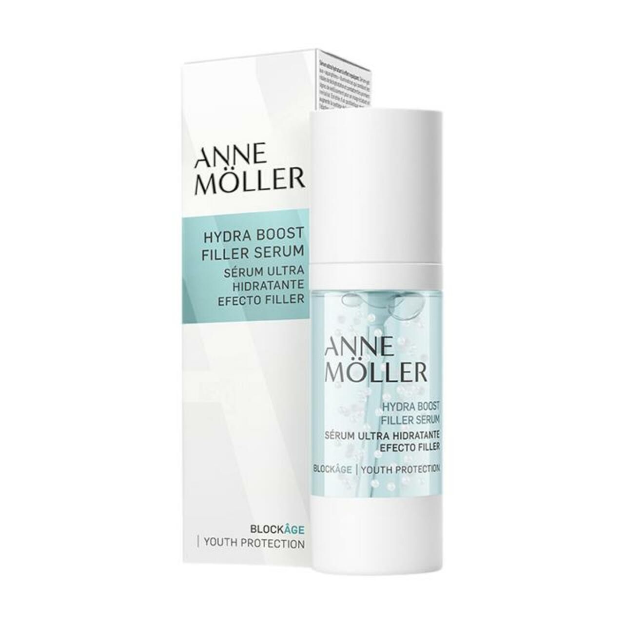 Produktflasche und Verpackung. Aufschrift: Anne Möller, Hydra Boost Filler Serum, Blockâge, Youth Protection.