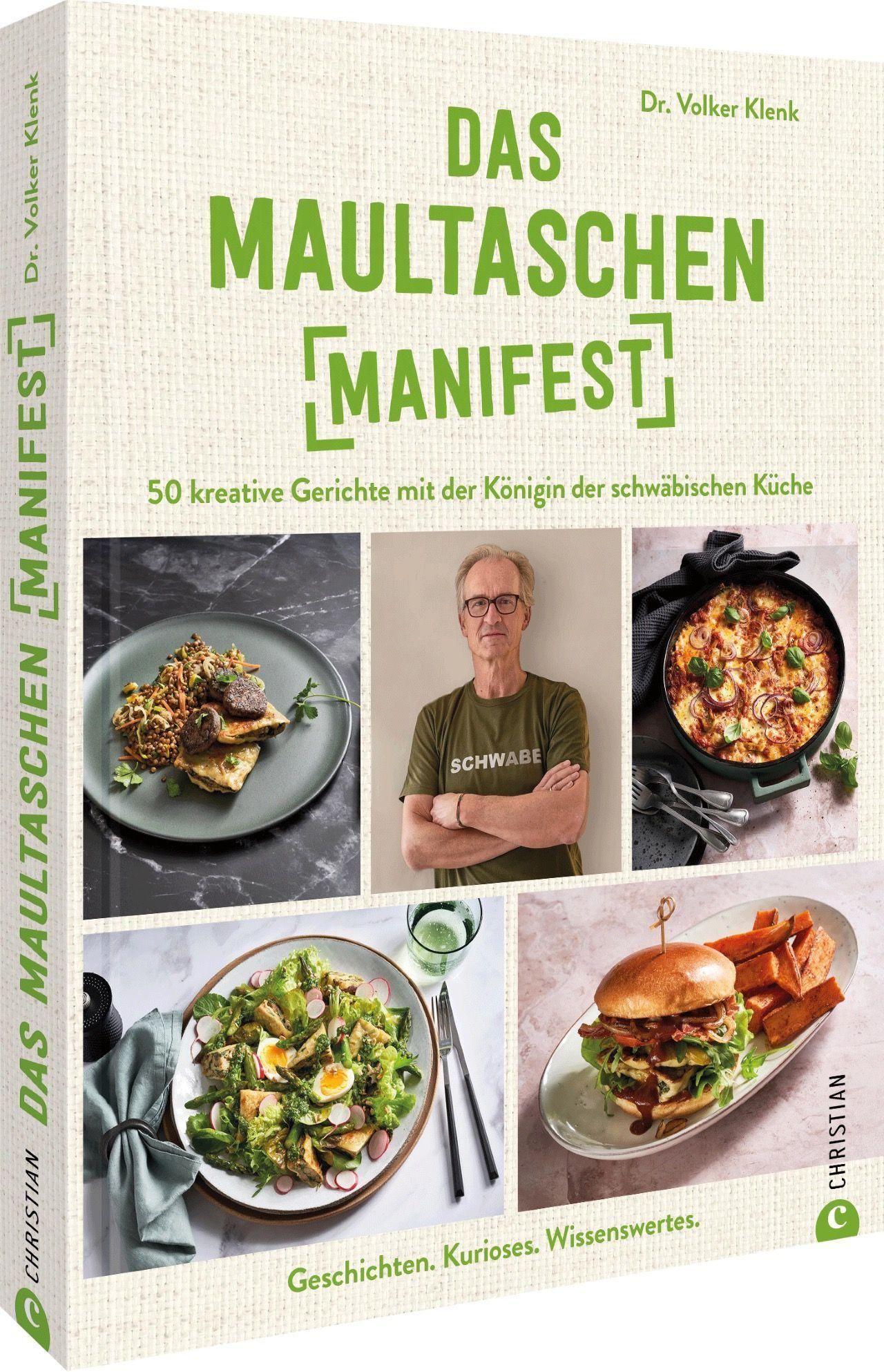 Buchcover: „Das Maultaschen-Manifest“. Titel, Autor, Gerichte-Fotos. Christian-Verlag Logo.