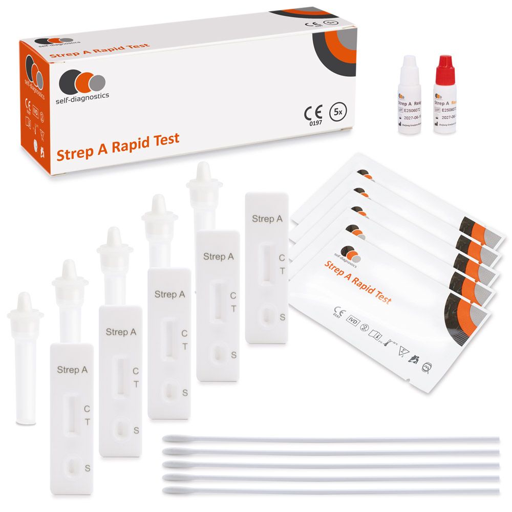 Testkit für Streptokokken. Enthält Teststreifen, Fläschchen, Tupfer und Anweisungen. Verpackung mit Logo.