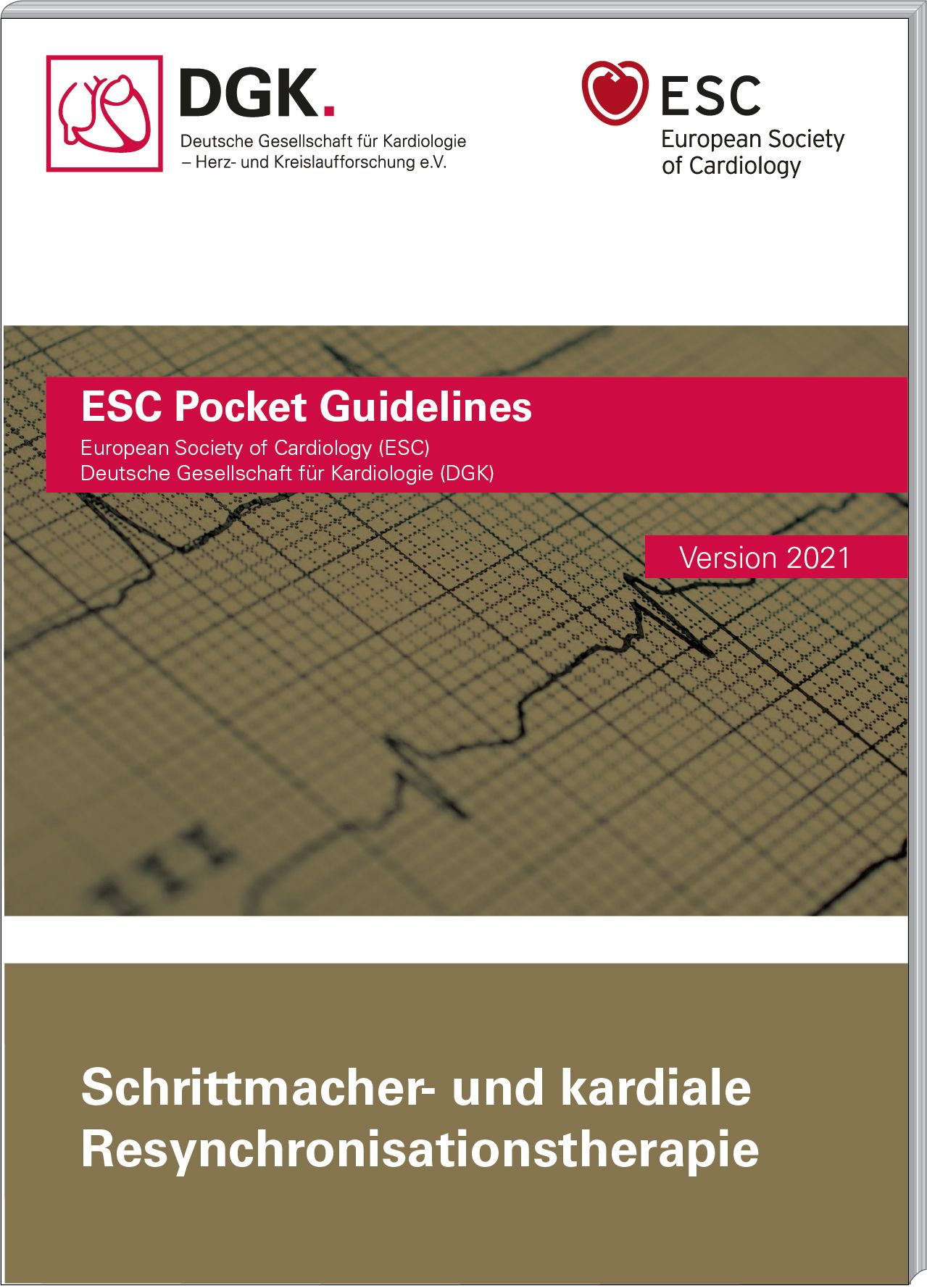 Taschenbuch mit dem Titel „Schrittmacher- und kardiale Resynchronisationstherapie“. Logos von DGK und ESC. Version 2021.