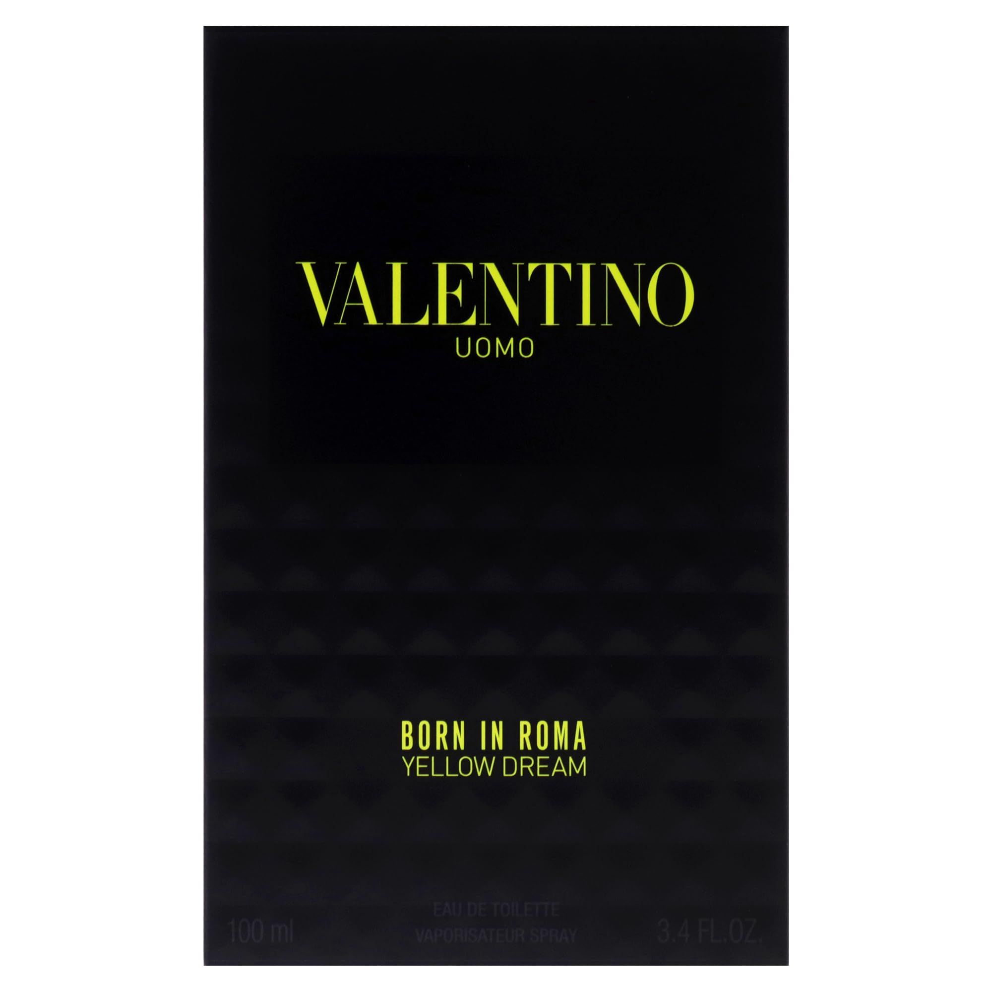 Schwarze Verpackung von Valentino Uomo Born in Roma Yellow Dream. Gelber Schriftzug Valentino Uomo, Born in Roma Yellow Dream.