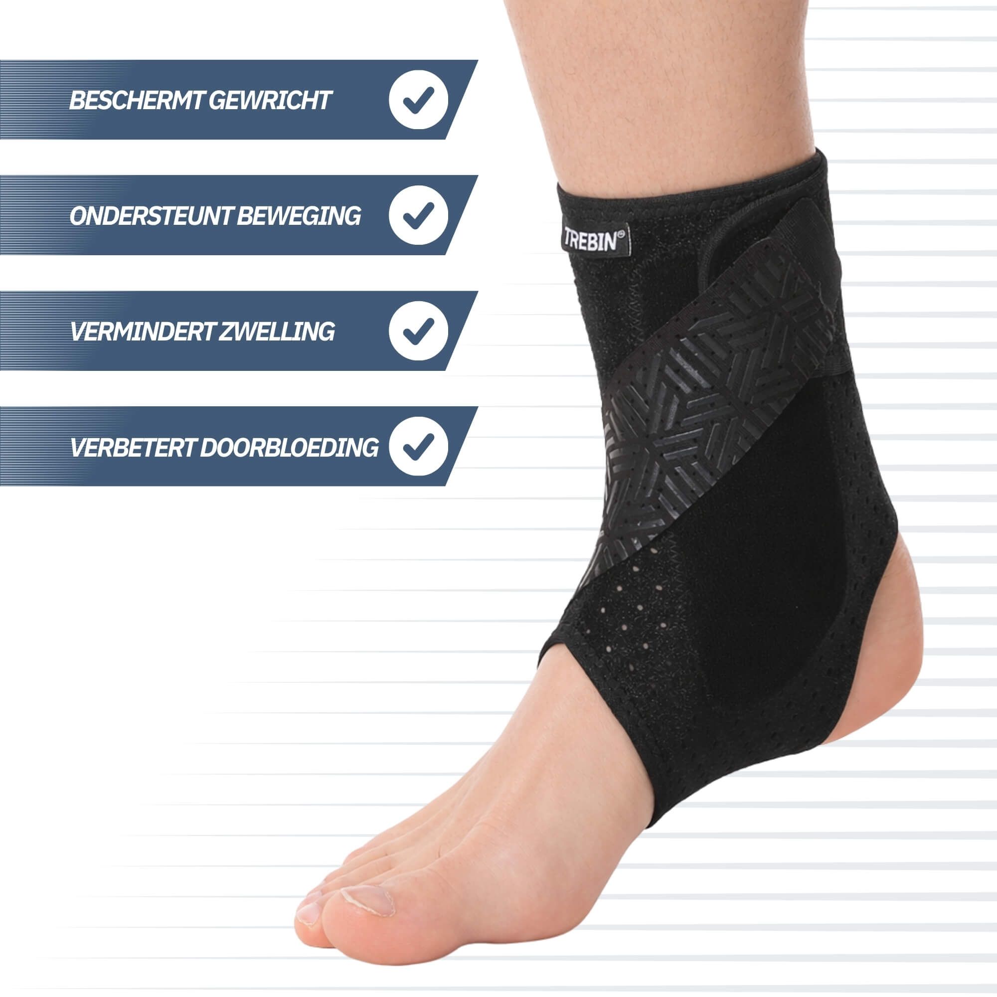 Schwarze Knöchelbandage mit geometrischem Muster und seitlichen Klettverschlüssen.