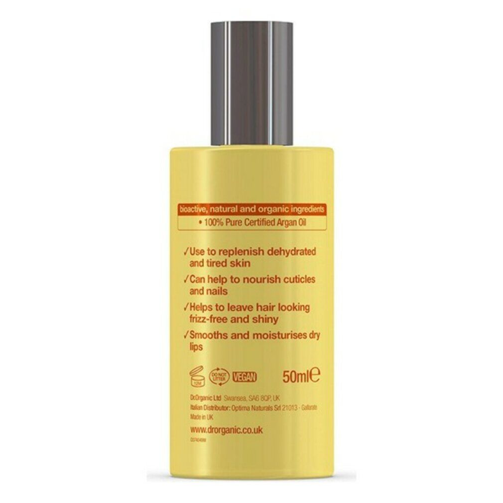 Rückseite der Dr. Organic Moroccan Argan Oil Flasche. Text über Inhaltsstoffe und Anwendung. Aufschrift: 100% Pure Certified Argan Oil.