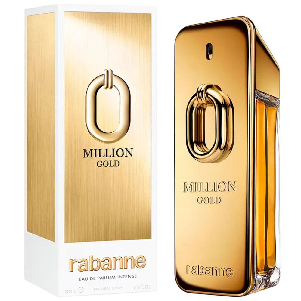 Goldfarbener Flakon und Verpackung. Aufschrift: MILLION GOLD, Rabanne. Eau de Parfum Intense. 200 ml.