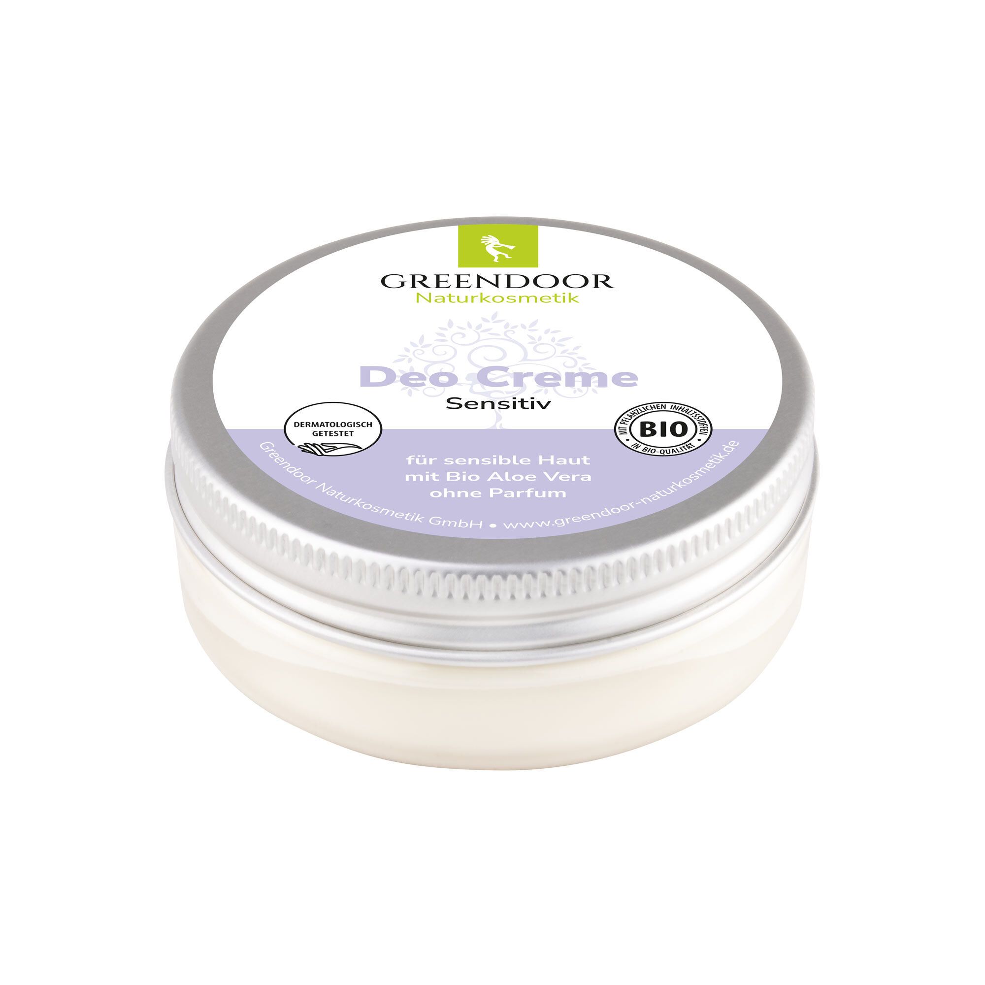 GREENDOOR Deo Creme Sensitiv in einer silbernen Dose, für sensible Haut, ohne Parfum.