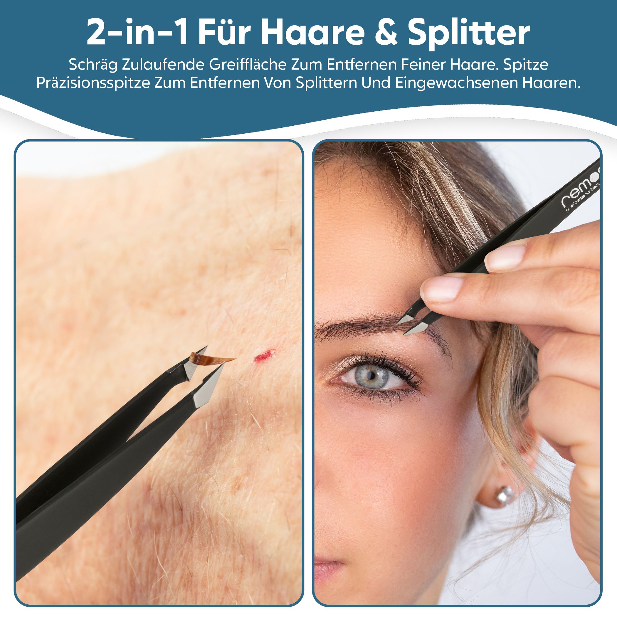 Schwarze Pinzette mit schräg zulaufenden Spitzen zum Entfernen feiner Haare und Spitzen zur Entfernung von Splittern.