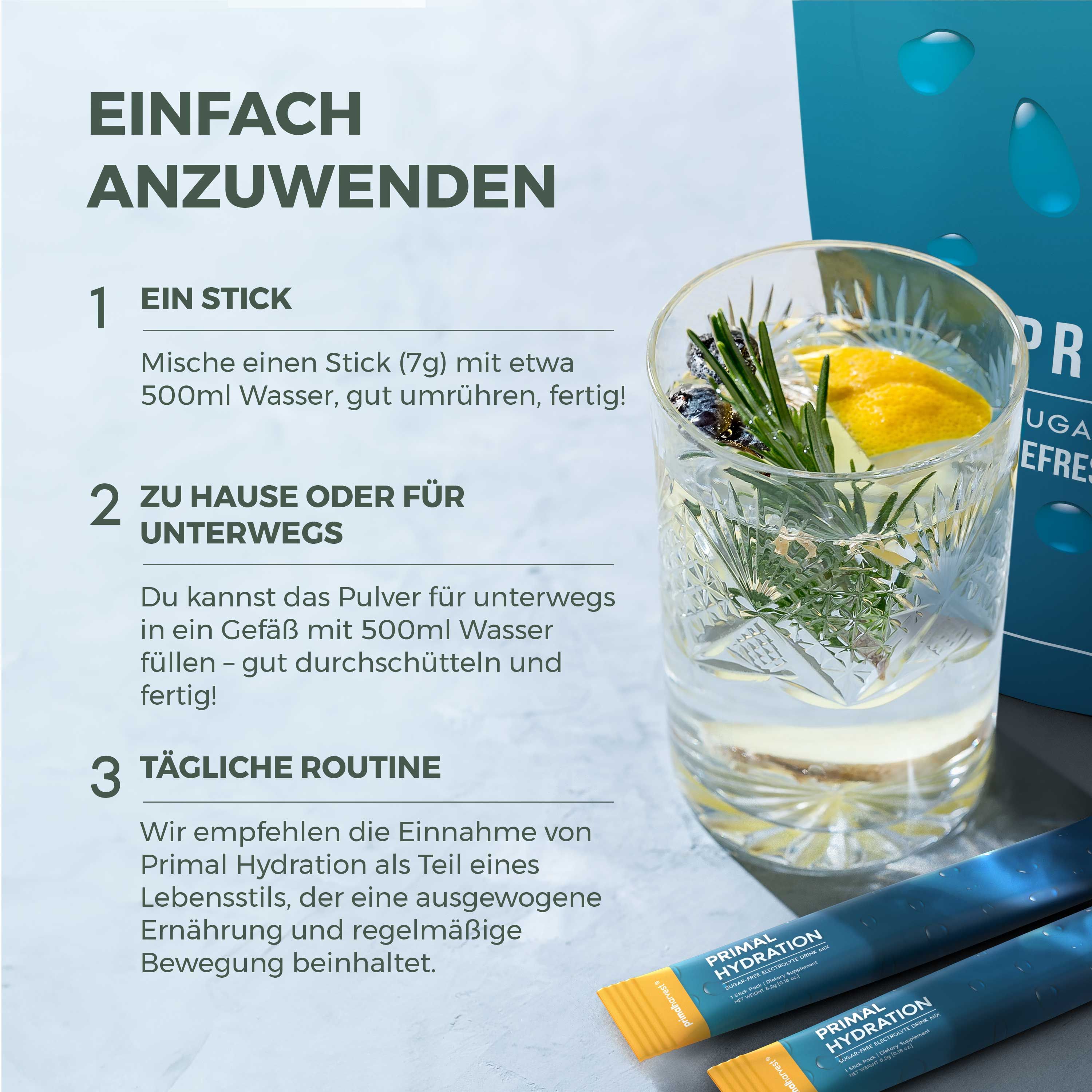 Primal Hydration Elektrolyte-Drink-Mix Verpackung mit Icons. Auf blauem Hintergrund mit Früchten. 30 Sticks.