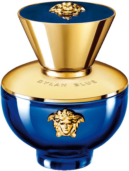 Blaues Parfumflakon mit goldenen Akzenten. Aufschrift: DYLAN BLUE. Goldener Deckel. Medusa-Logo.
