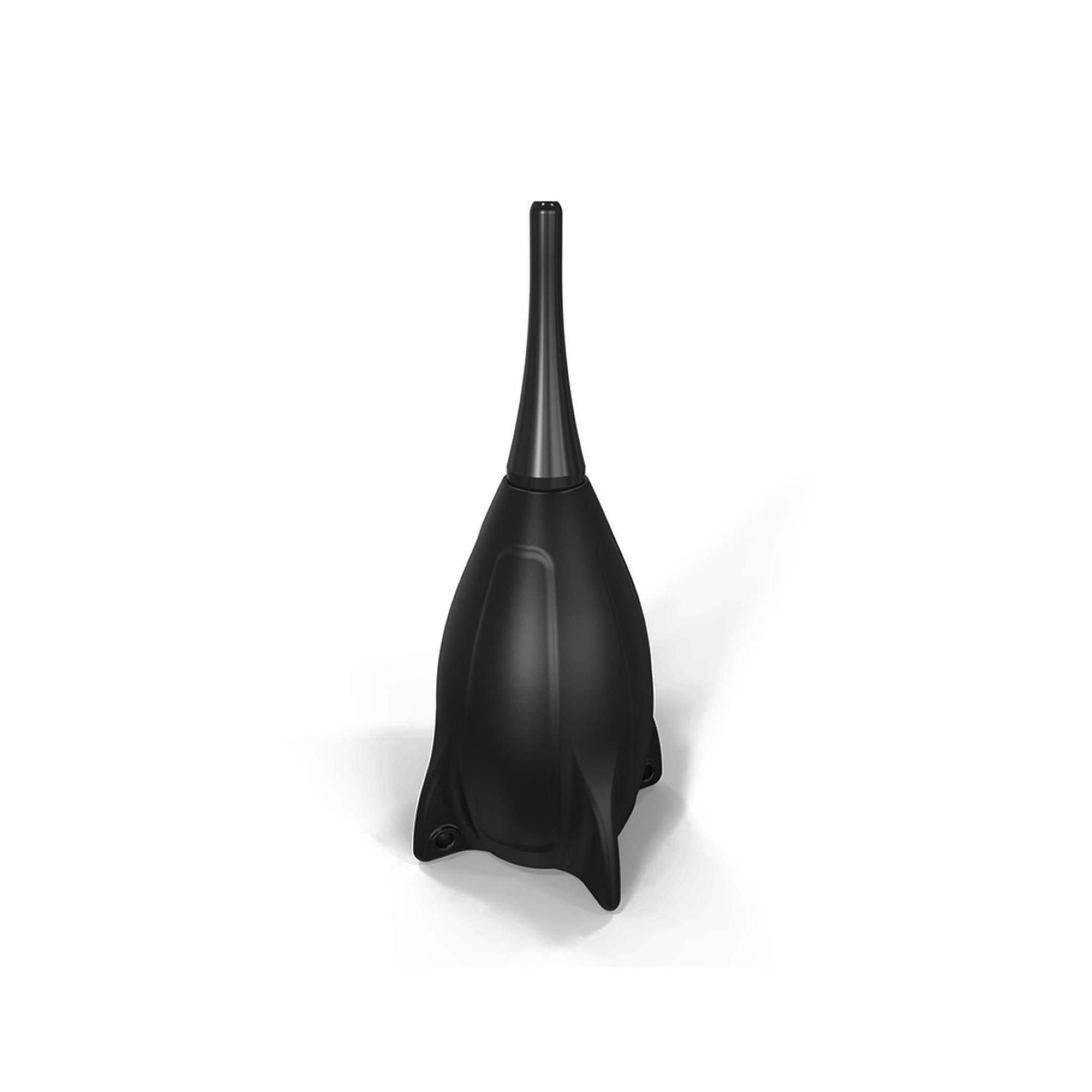 Schwarze Anal-Dusche mit birnenförmigem Körper und länglicher Spitze. Schattenwurf auf weißem Hintergrund.