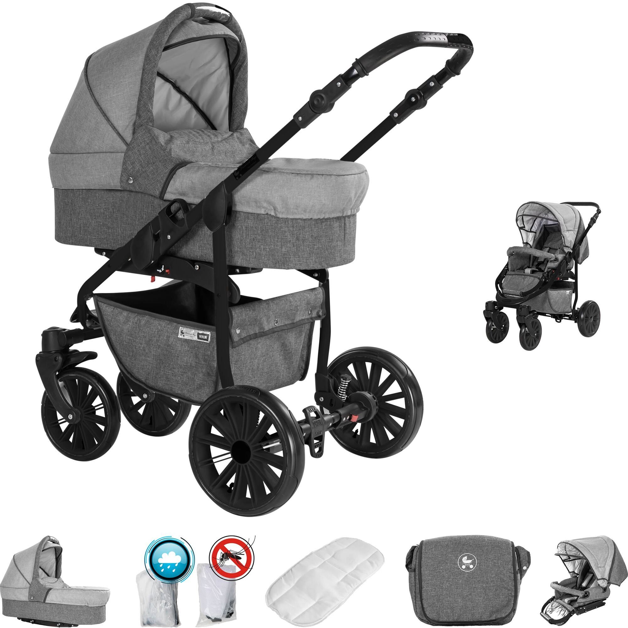 Friedrich Hugo Berlin 2 in 1 Kinderwagen GEL Reifen, Grey and Light Grey Night