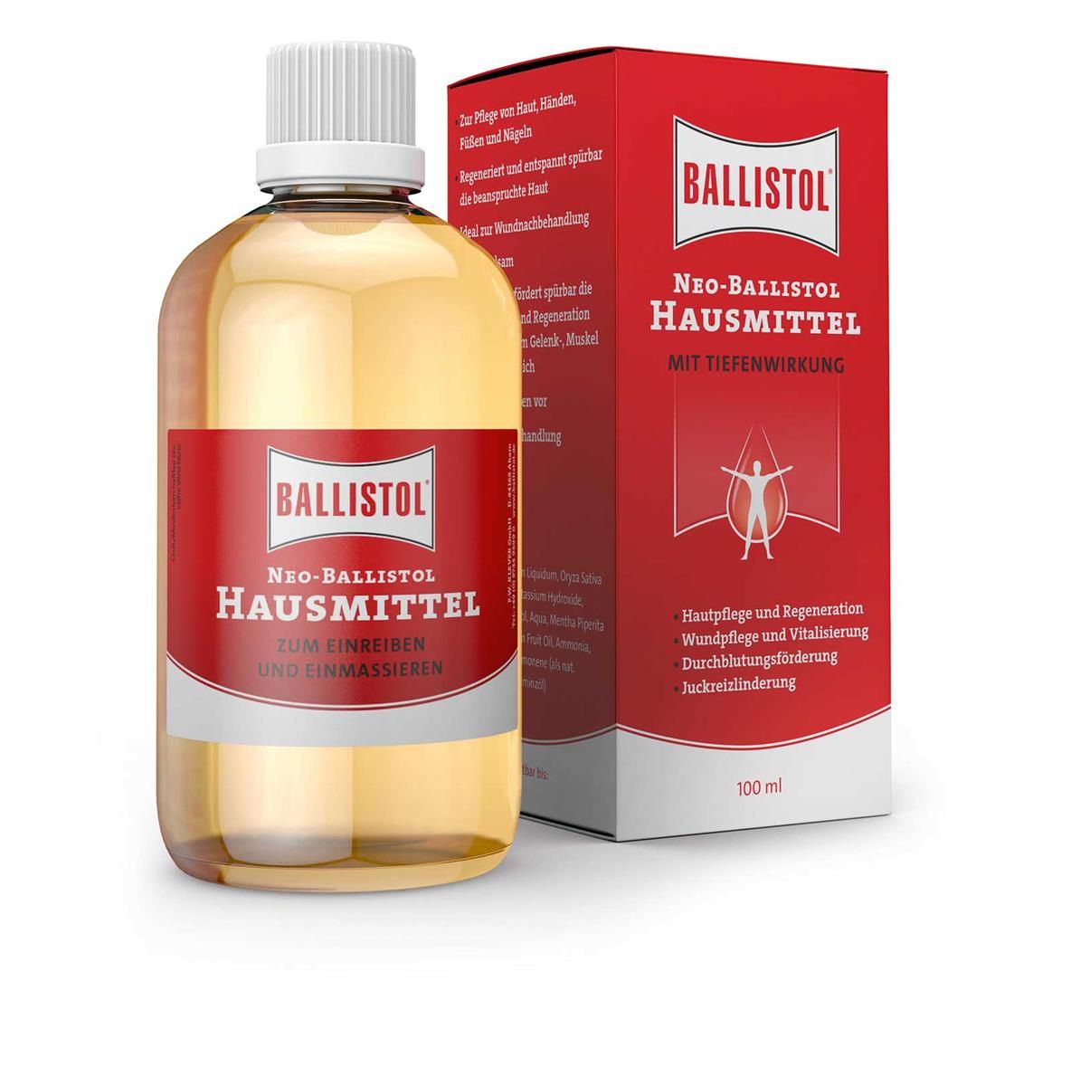 Eine Flasche und eine Schachtel NEO-Ballistol Hausmittel. Die Flasche ist durchsichtig mit rotem Etikett. Die Schachtel ist rot mit weißer Schrift.