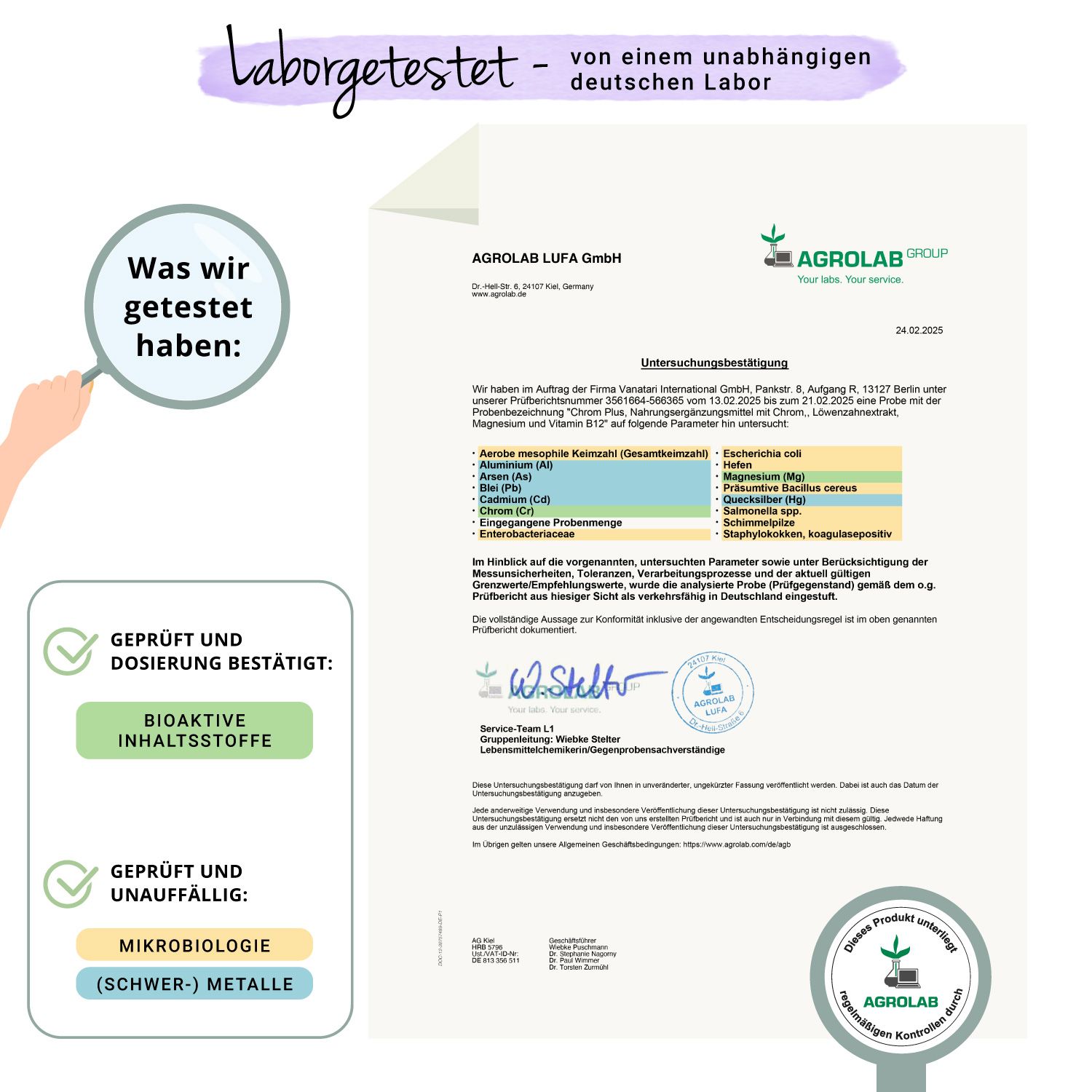 Laborzertifikat. Text: Geprüft und Dosierung bestätigt. Geprüft und unauffällig: Mikrobiologie, Schwermetalle. Agrolab-Logo.
