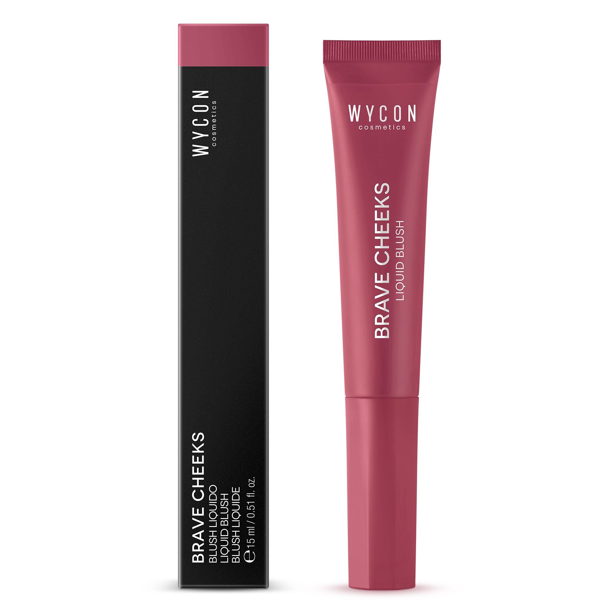 WYCON cosmetics Brave Cheeks Liquid Blush in confezione. Tubo e scatola con nome e dettagli del prodotto.
