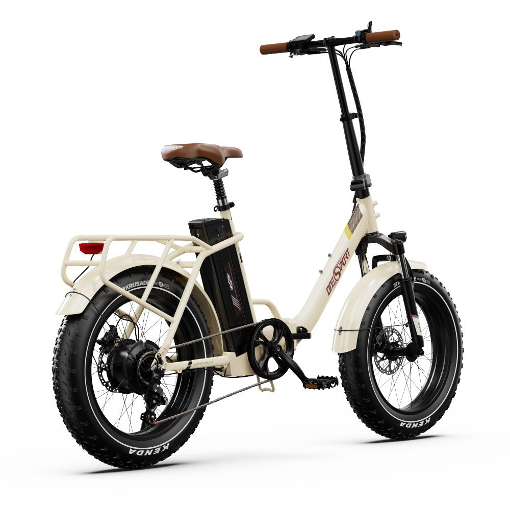 E-Bike, cremefarben, brauner Sattel, schwarze Reifen. Marke ONESPORT. Mit Gepäckträger und Akku.