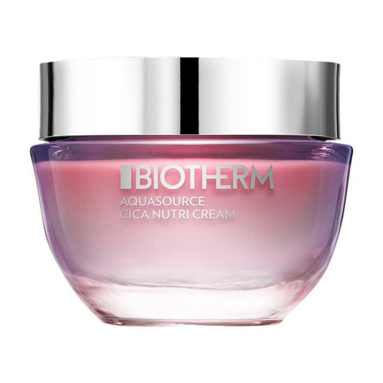 Creme-Tiegel mit silbernem Deckel. Aufschrift: BIOTHERM, AQUASOURCE CICA NUTRI CREAM. Rosa Farbverlauf.