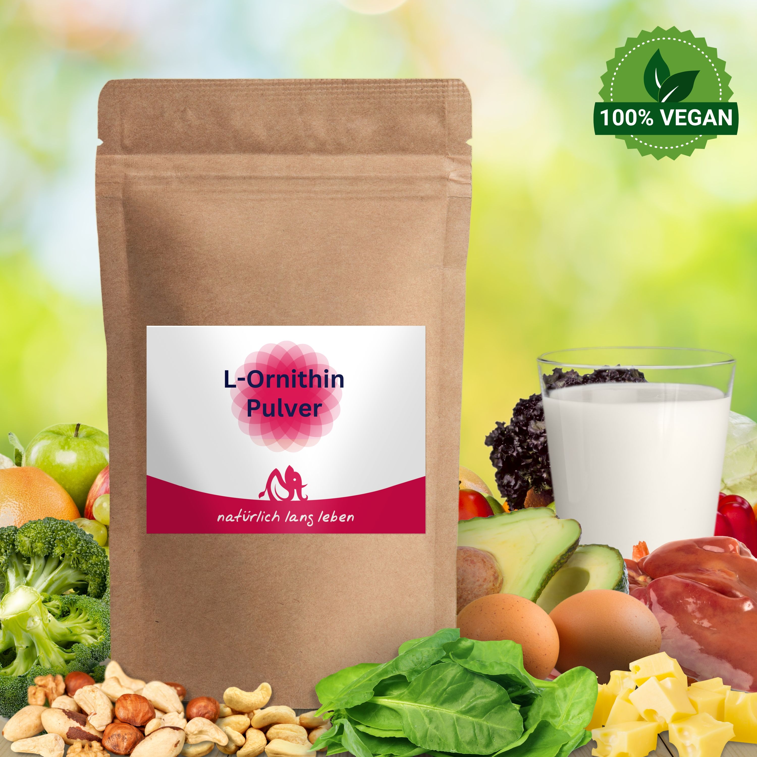 Beutel mit L-Ornithin Pulver. Aufdruck mit Produktnamen und Logo. Umgeben von Lebensmitteln, 100% Vegan Siegel.