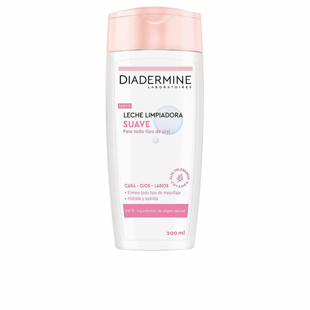 Diadermine Reinigungsmilch. Weiße Flasche mit rosa Deckel. Text: 'LECHE LIMPIADORA SUAVE'. Für alle Hauttypen. 200 ml.