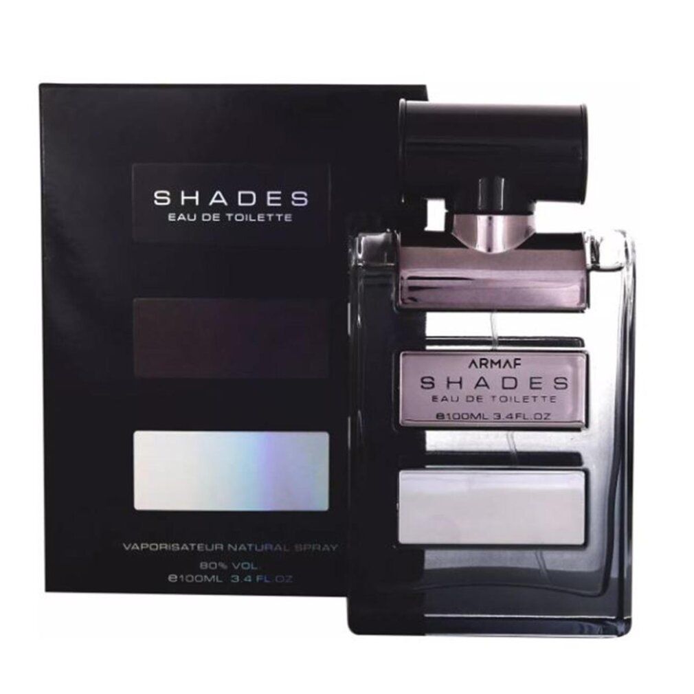 Schwarze Schachtel und Flakon. Flakon mit drei rechteckigen Feldern. Text: ARMAF SHADES Eau de Toilette. 100ml 3.4FL OZ.