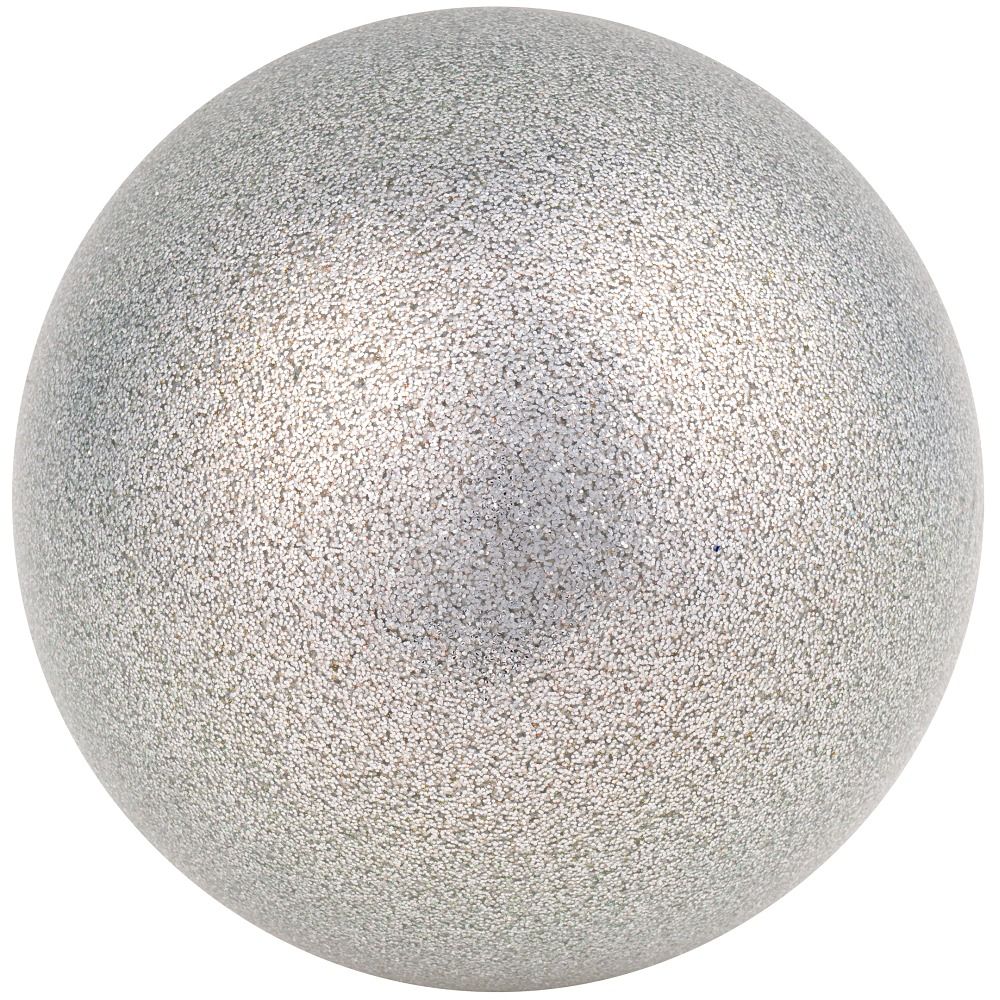Silberfarbener Gymnastikball mit Glitzer-Effekt. Runde Form. Oberfläche mit feiner Textur.