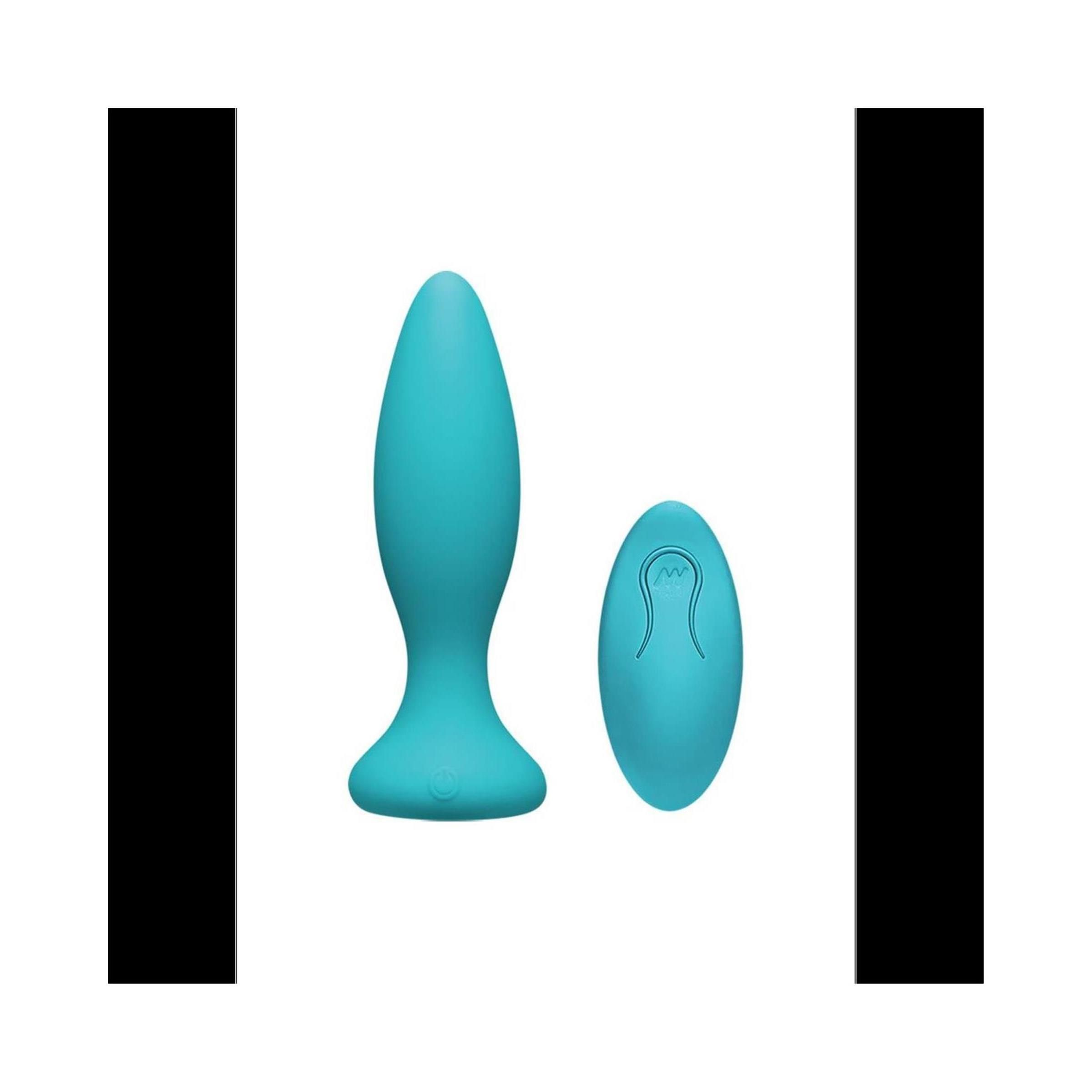 Türkisfarbener analer Plug und Fernbedienung. Beide aus Silikon. Plug mit breiter Basis. Fernbedienung oval.