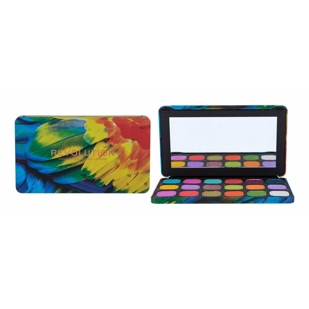 Palette mit bunten Federn. Geöffnet mit Spiegel und Lidschatten. Geschlossen mit Logo.