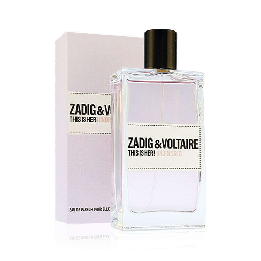 Glasflakon mit rosa Flüssigkeit, schwarzem Verschluss, in einer rosa Schachtel. Aufkleber: ZADIG & VOLTAIRE THIS IS HER! UNDRESSED.