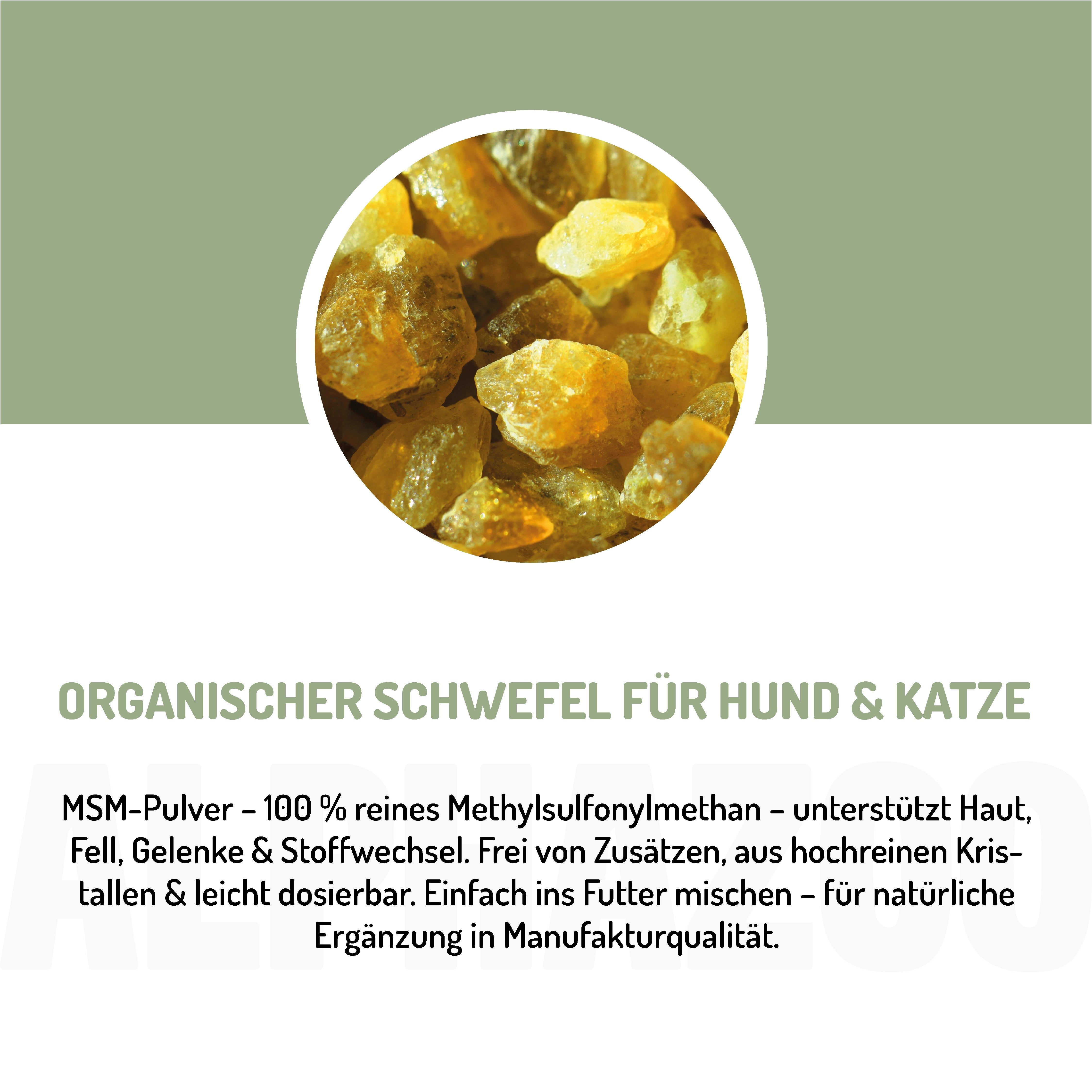 Nahaufnahme von bernsteinfarbenen Kristallen. Text: Organischer Schwefel für Hund & Katze. MSM-Pulver - 100% reines Methylsulfonylmethan.
